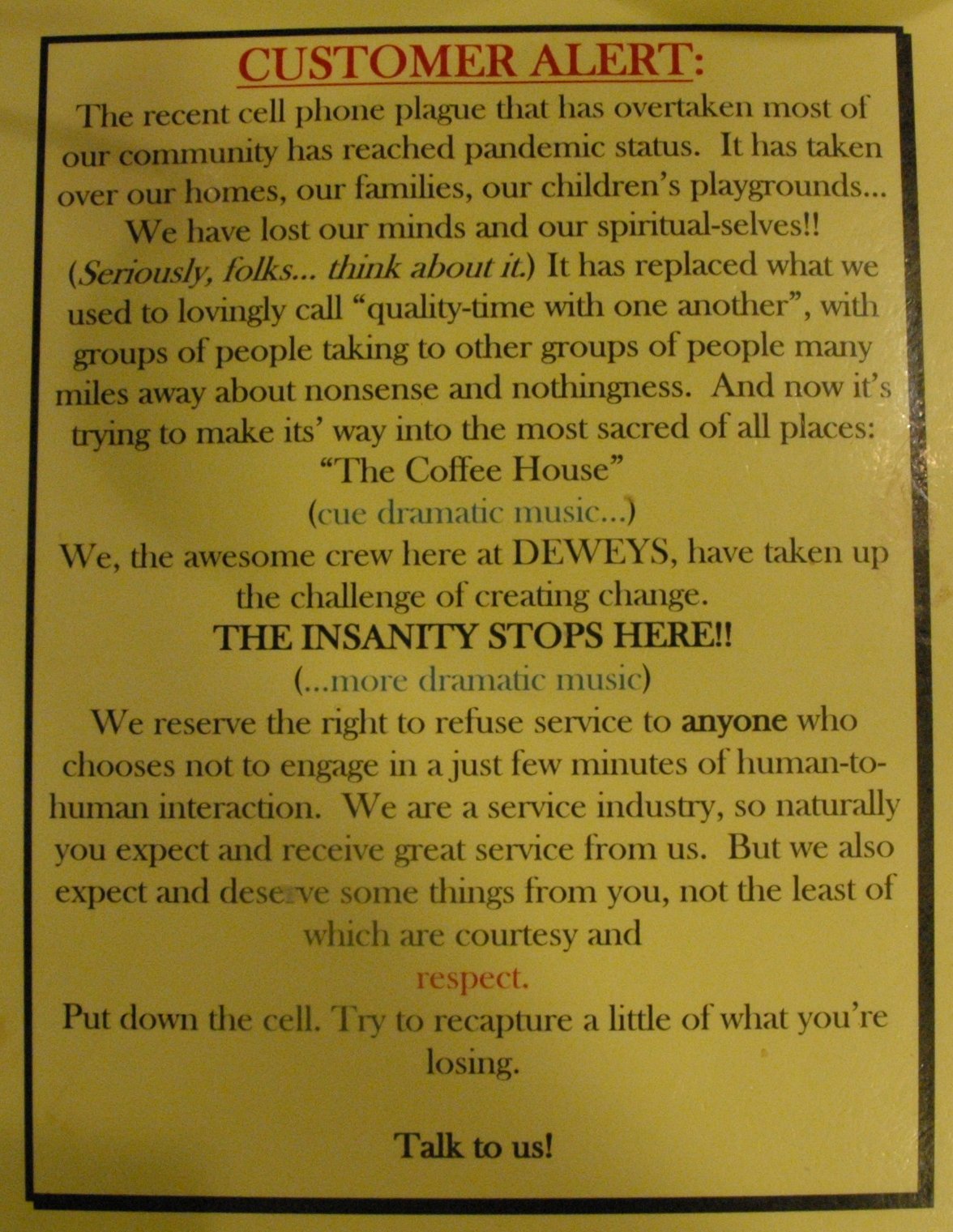Dewey's Coffee Cell Phone Policy Dewey's Coffee Cell Phone Policy